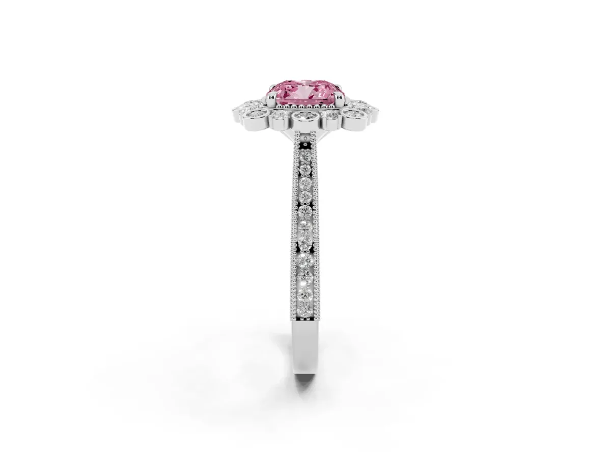 Fancy Pink Cushion Cut Halo Milgrain Pave Diamond Ring with Four-Prong Setting Silver