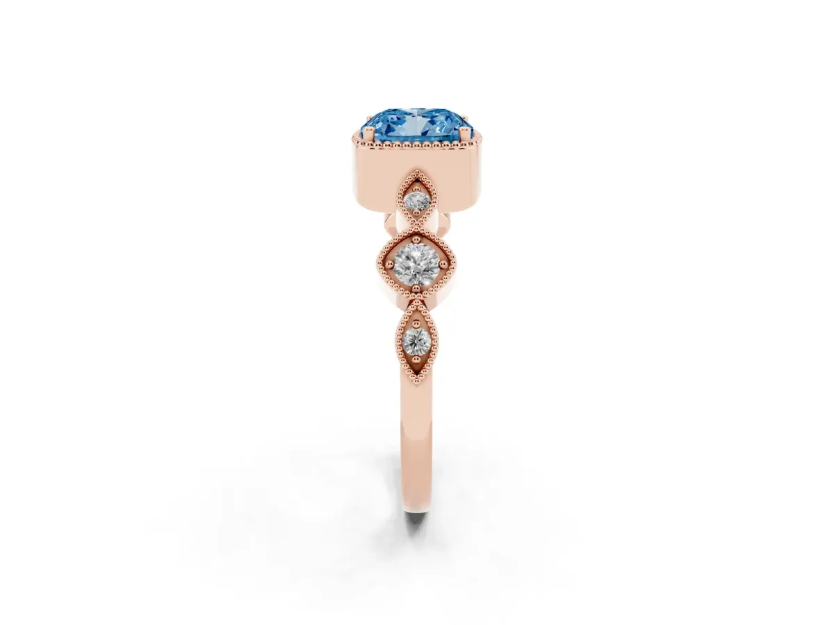 Fancy Blue Cushion Cut Diamond Vintage Milgrain Ring with Round Stations Rose gold