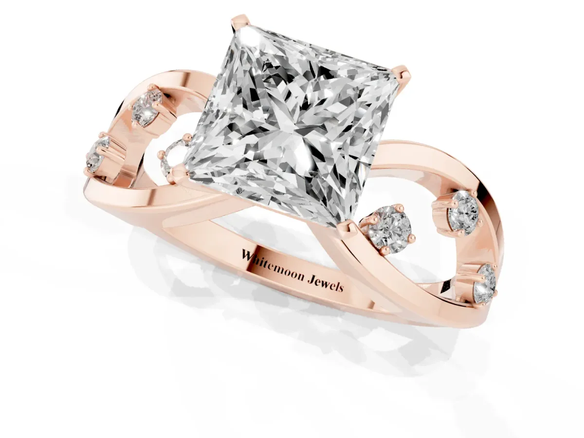 Princess Cut Cut Solitaire Diamond with Side Stones on Criss-Cross Band and Four-Prong Setting Rose gold