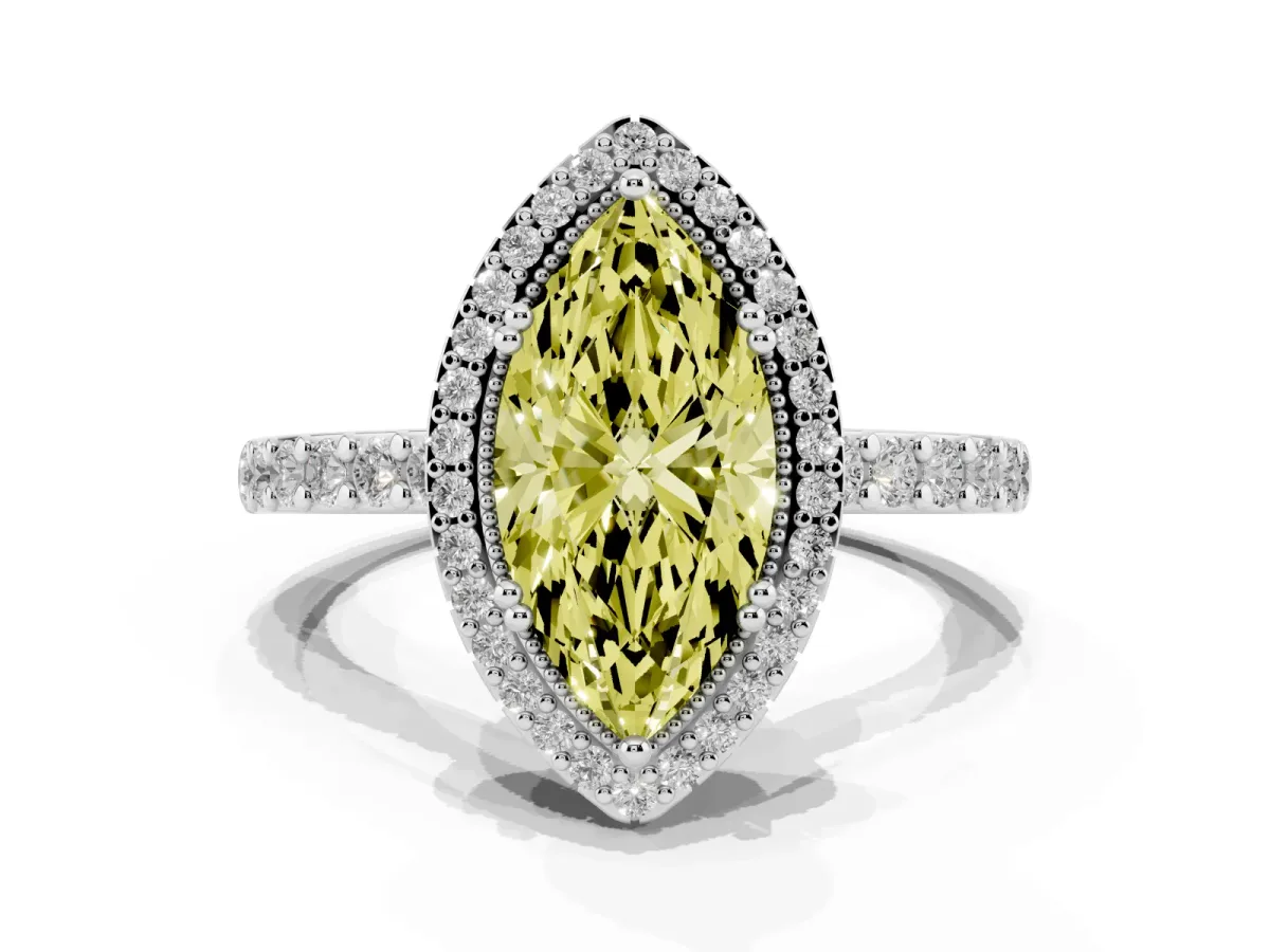 Fancy Yellow Marquise Cut Cut Diamond Halo Engagement Ring with Milgrain Detail and Pavé Band Silver