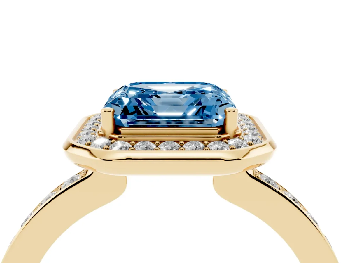 Fancy Blue Asscher Cut Diamond Halo Ring with Bezel Frame and Pavé Band Yellow gold