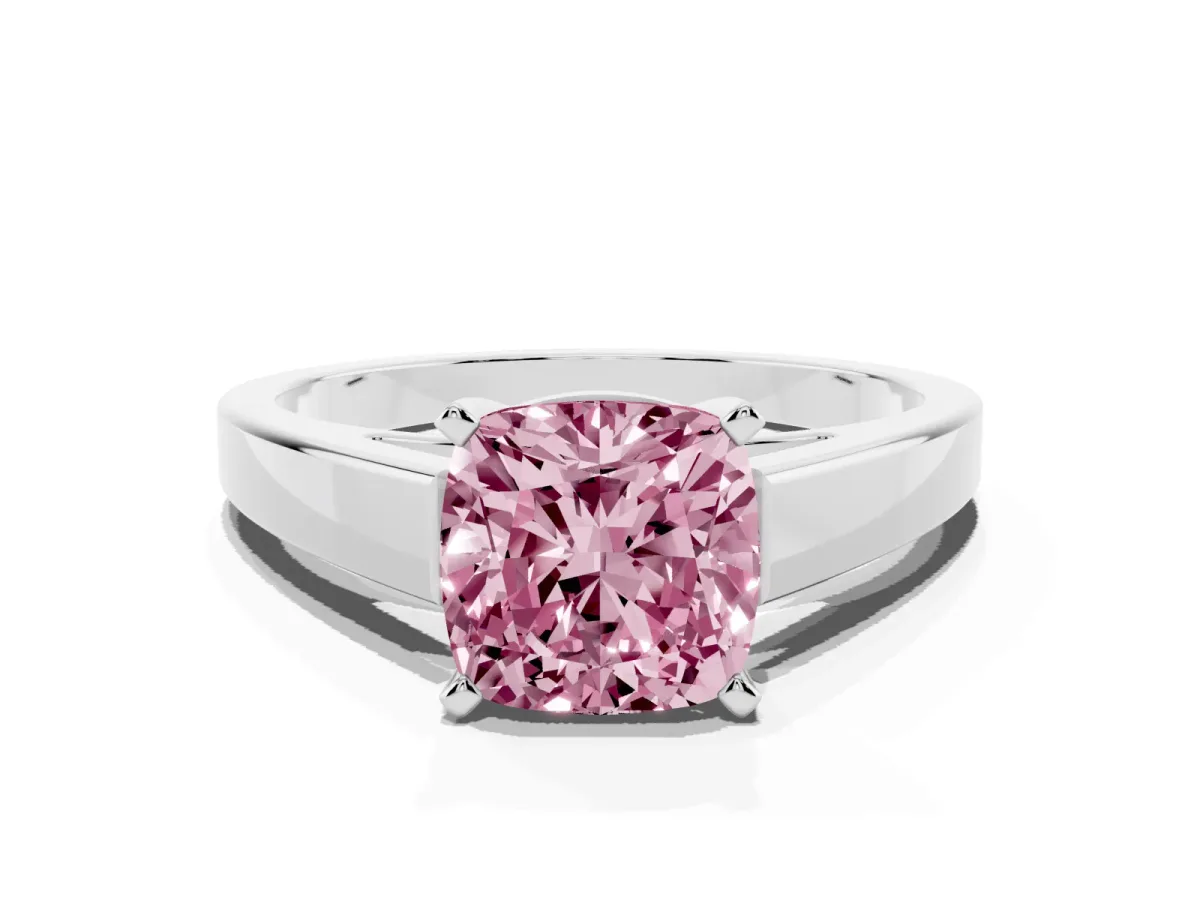 Fancy Pink Cushion Cut Solitaire Engagement Ring with Four-Prong Setting and Tapered Band Silver
