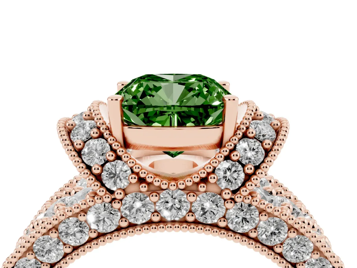 Fancy Green Cushion Cut Halo Pave Diamond Engagement Ring with Milgrain Detailing Rose gold