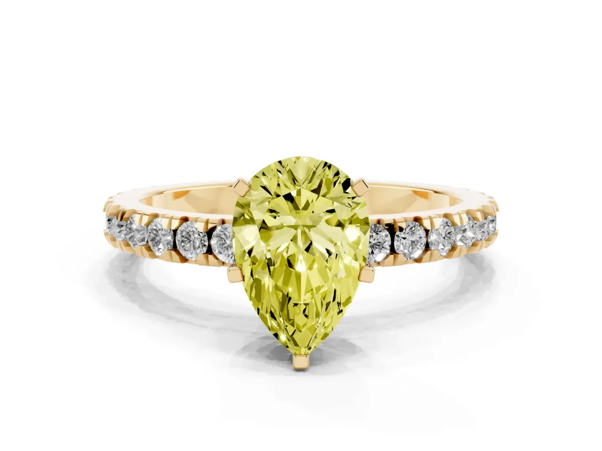 Fancy Yellow Pear Cut Diamond Pavé Band Solitaire with Four-Prong Setting Yellow gold