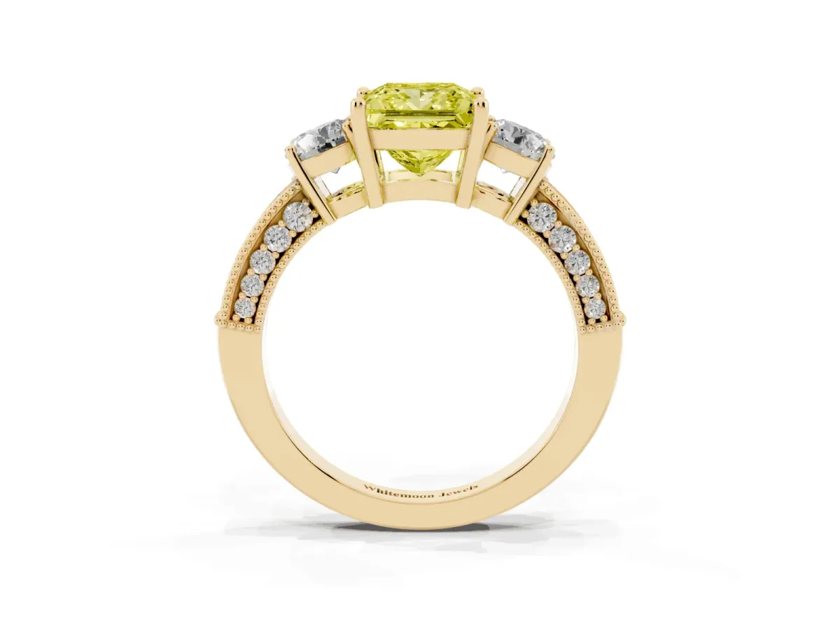 Fancy Yellow Princess Cut Three-Stone Diamond Ring with Pavé Band and Four-Prong Setting Yellow gold