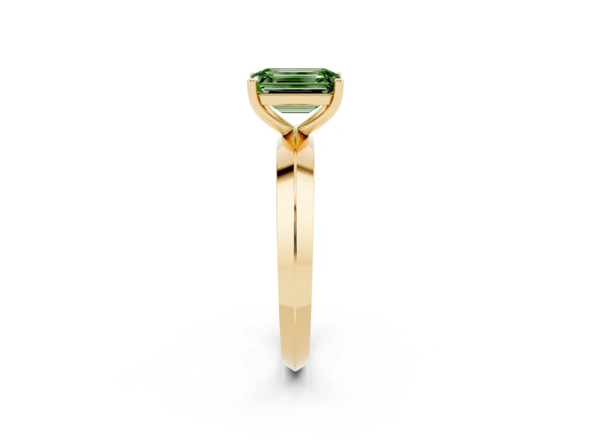 Fancy Green Emerald Cut Cut Solitaire Engagement Ring with Flat Band and Four-Prong Setting Yellow gold