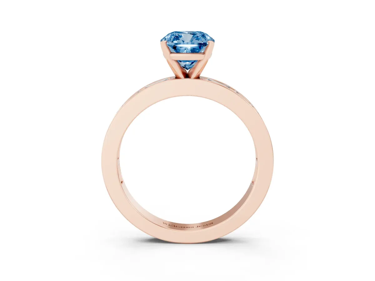 Fancy Blue Cushion Cut Solitaire Diamond Ring with Channel-Set Baguette Band and Four-Prong Setting Rose gold