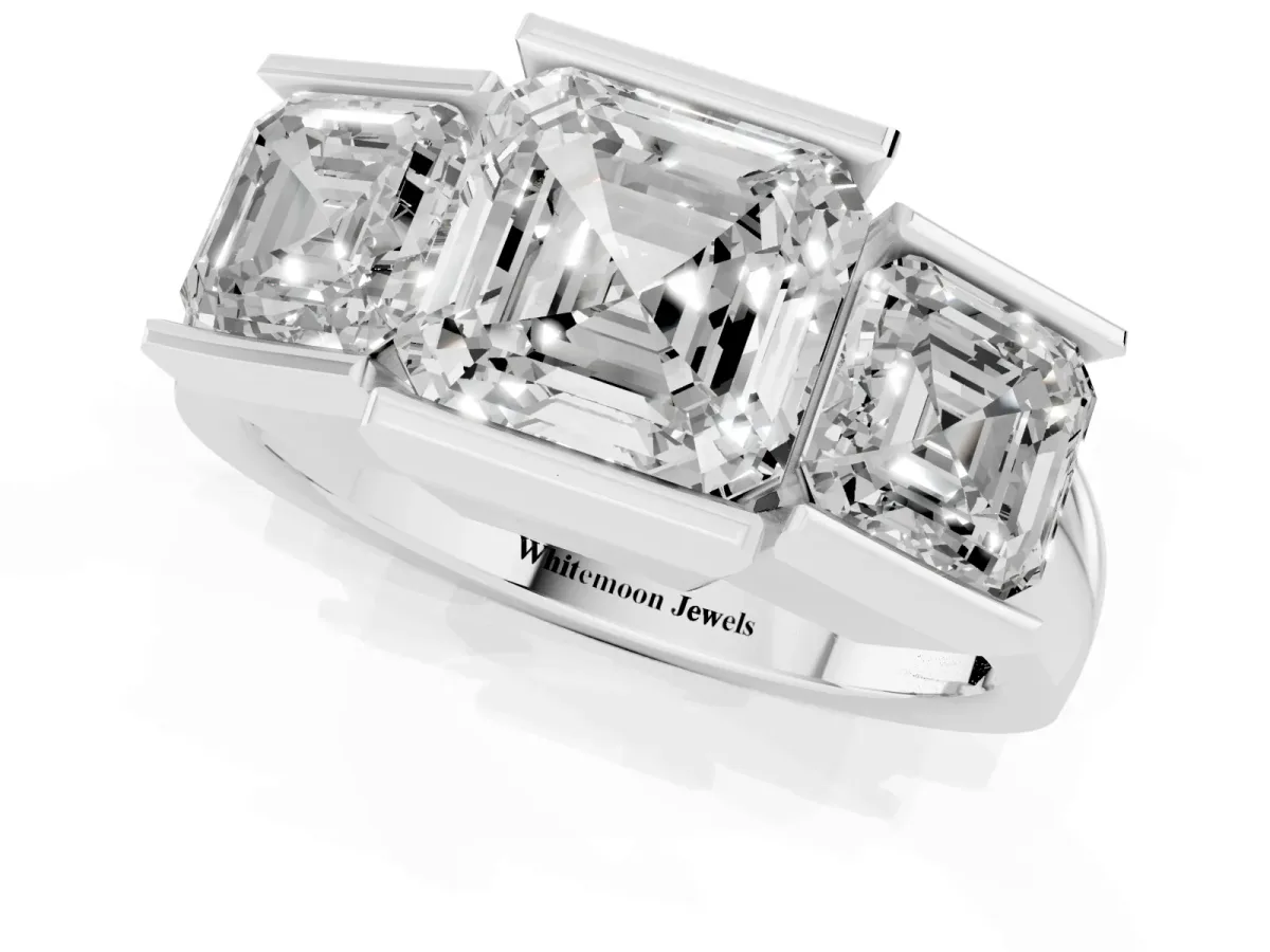 Three Stone Asscher Cut Cut Channel Set Diamond Ring Silver
