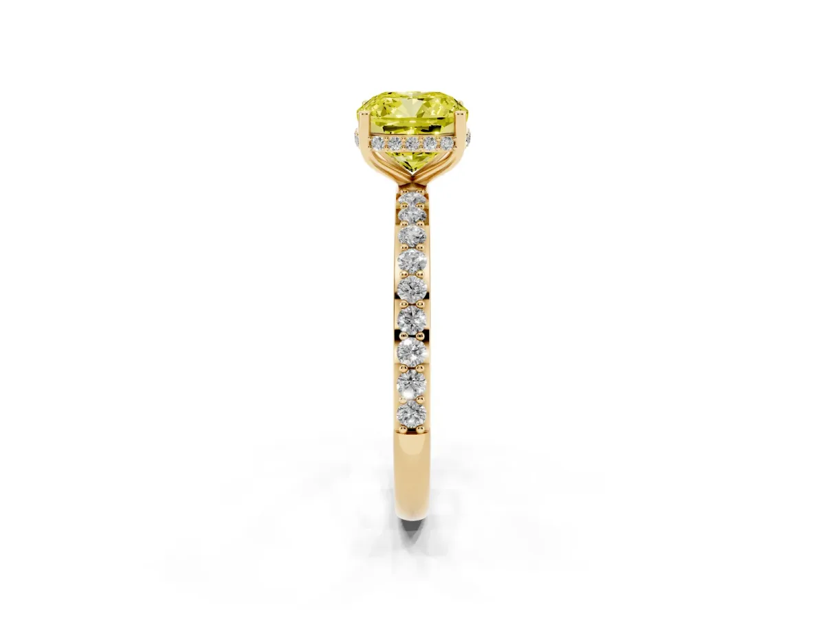 Fancy Yellow Cushion Cut Diamond Solitaire Ring with Pavé Band and Hidden Halo Yellow gold