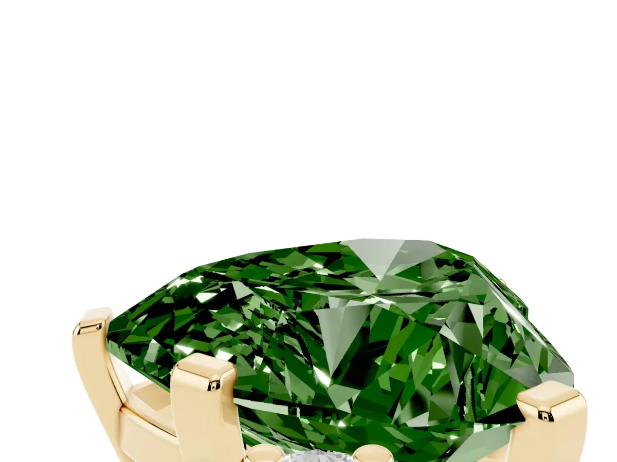 Fancy Green Heart Cut Cut Three-Stone Solitaire Ring with Round Accent Diamonds and Four-Prong Setting Yellow gold