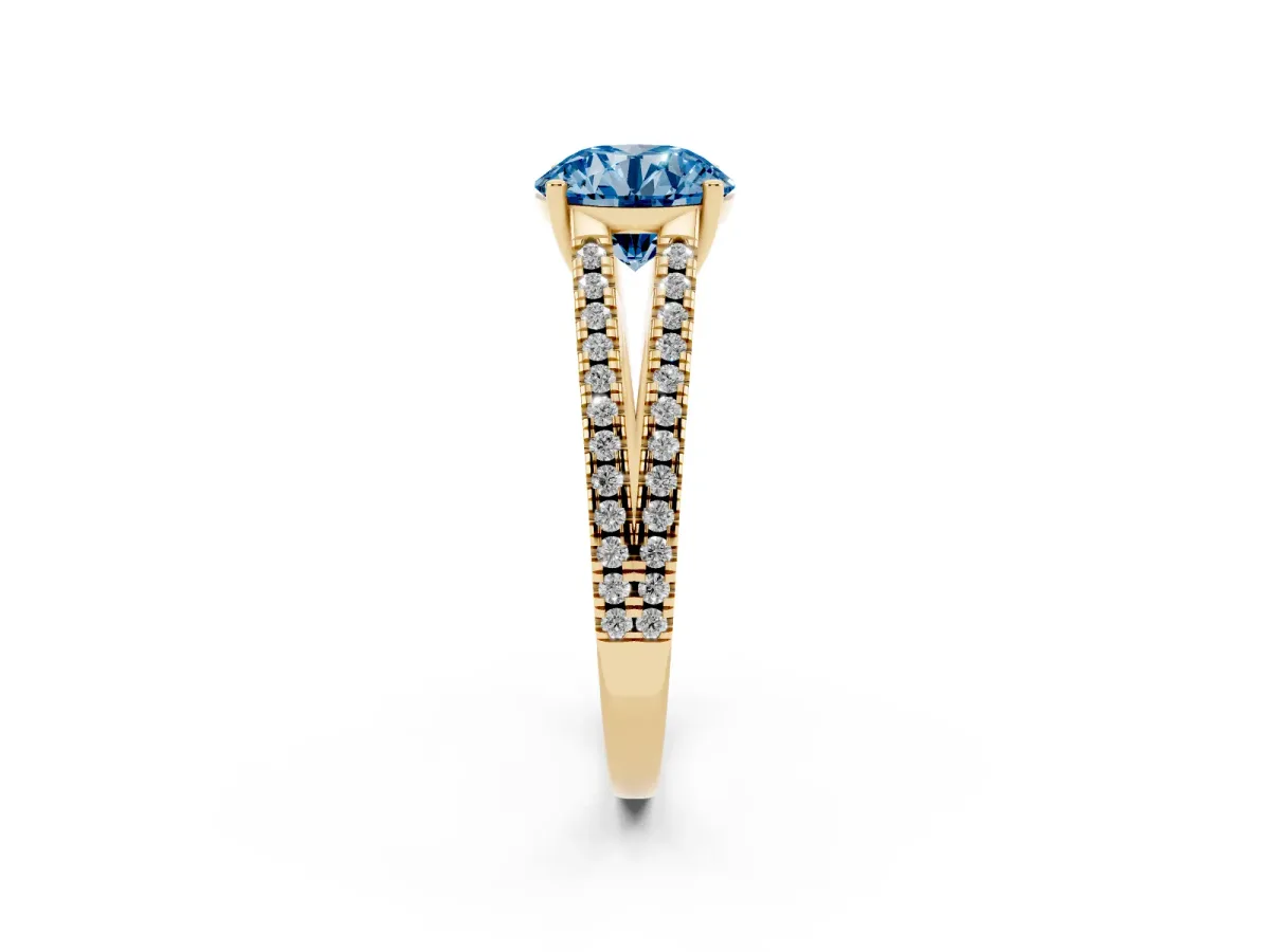 Fancy Blue Round Cut Diamond Solitaire Engagement Ring with Split Shank Pavé Band Yellow gold