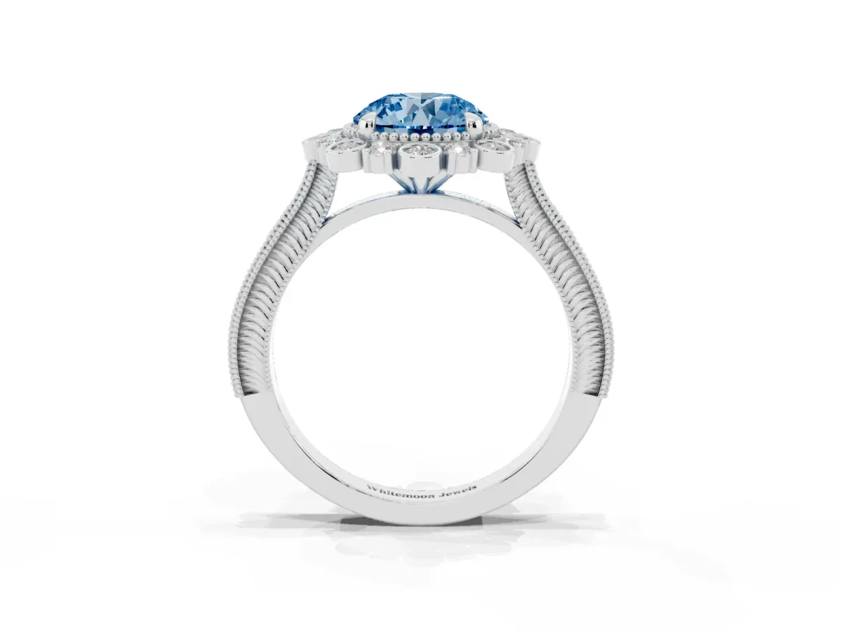 Fancy Blue Round Cut Halo Milgrain Pave Diamond Ring with Four-Prong Setting Platinum