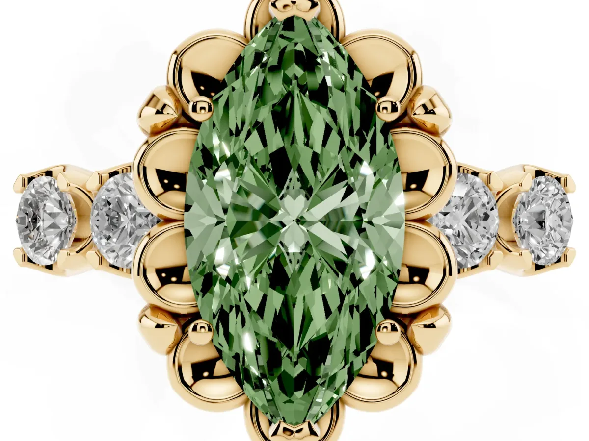 Fancy Green Marquise Cut Cut Diamond Floral Halo Engagement Ring with Shared Prong Setting Yellow gold