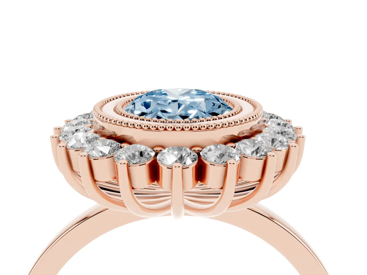 Fancy Blue Oval Cut Halo Diamond Ring with Milgrain Edge and Round Prong Setting Rose gold