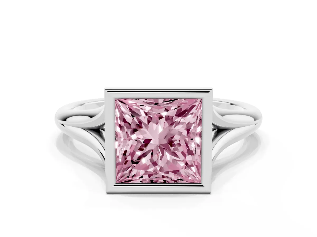 Fancy Pink Bezel Set Princess Cut Cut Solitaire Ring with Tapered Band Silver