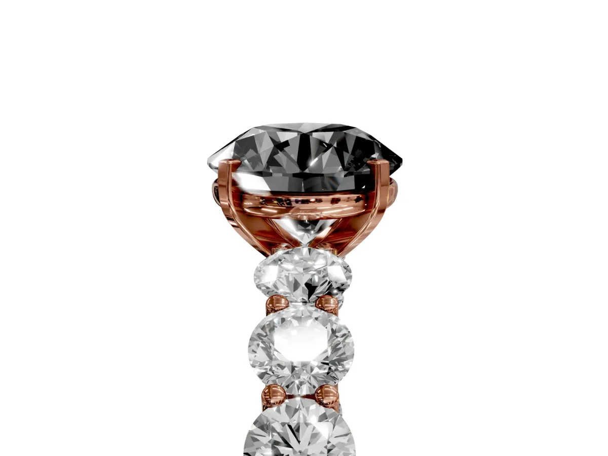 Fancy Black Round Cut Diamond Prong Setting with Side Stones on a Pave Band Rose gold