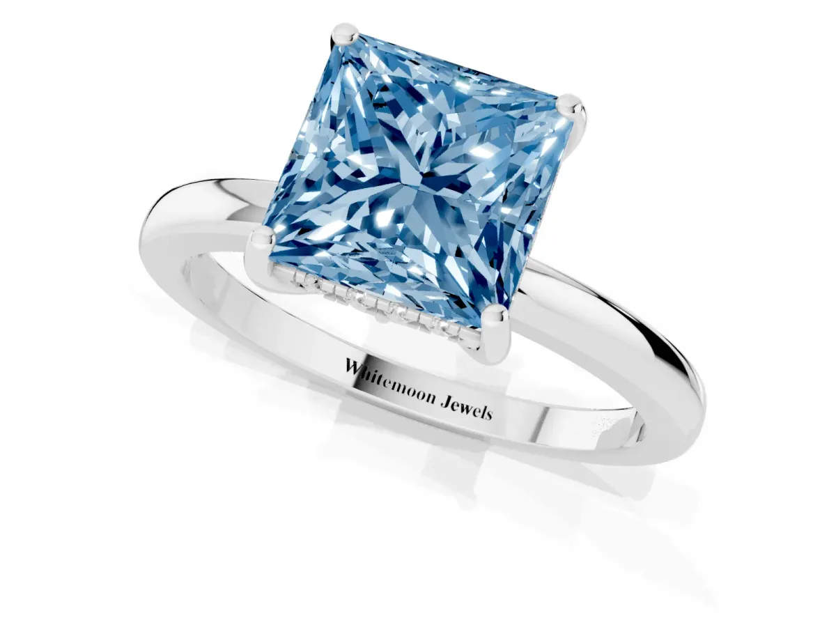 Fancy Blue Princess Cut Solitaire Diamond Ring with Prong Setting and Plain Band Silver