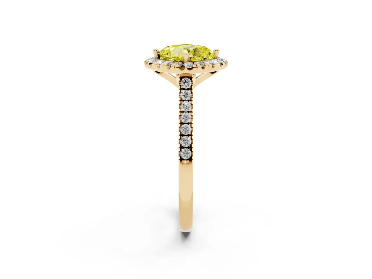 Fancy Yellow Cushion Cut Diamond Cushion Halo Ring with Pavé Band Yellow gold