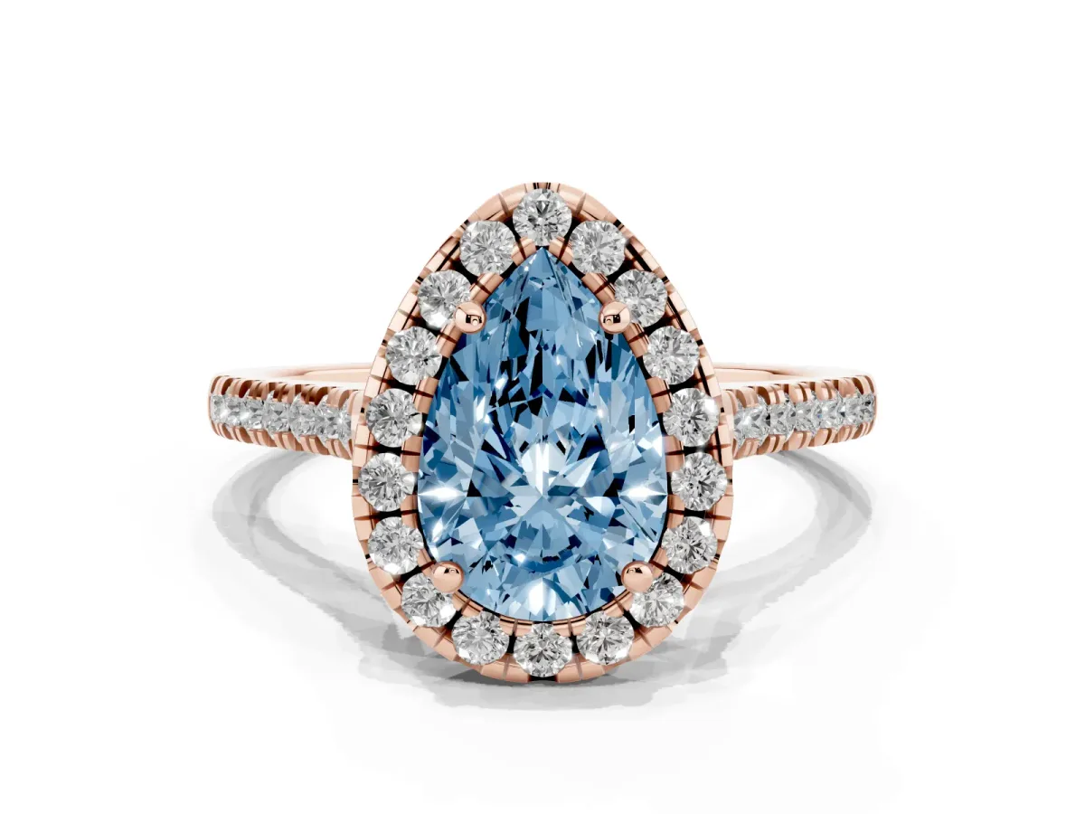 Fancy Blue Pear Cut Diamond Cushion Halo Ring with Pavé Band Rose gold
