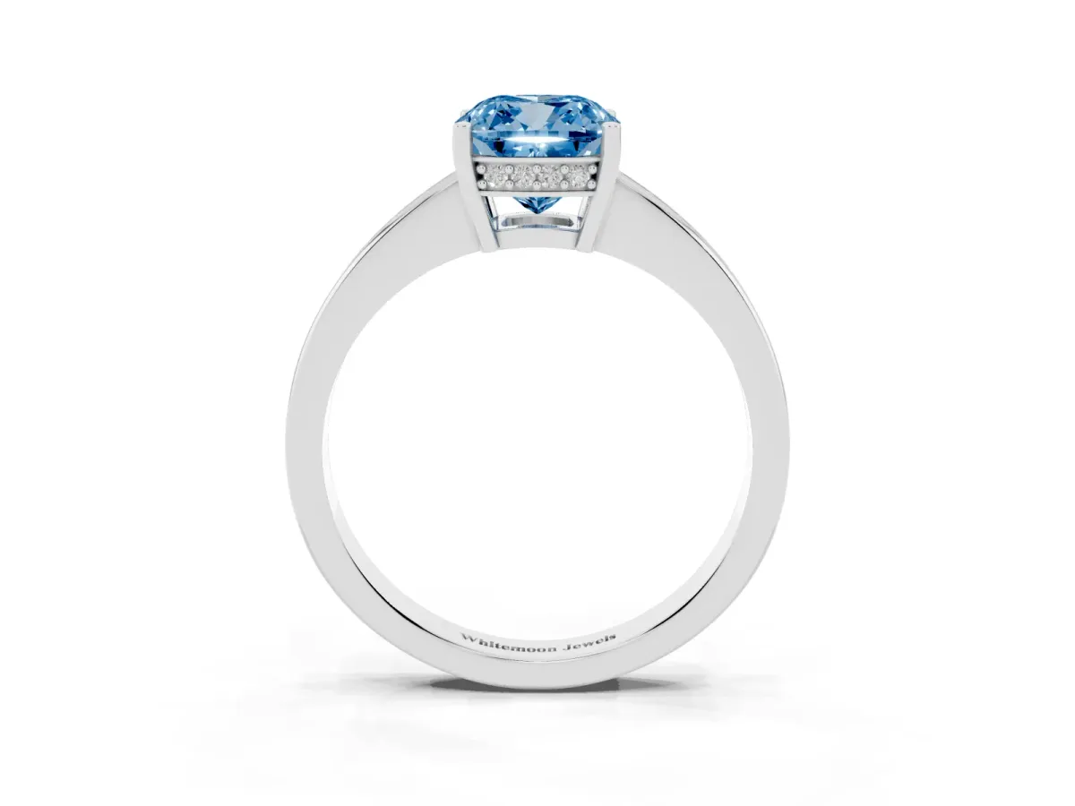 Fancy Blue Cushion Cut Solitaire Pavé Band Prong Setting Ring Silver