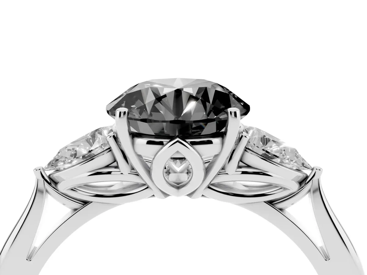 Fancy Black Three-Stone Round Cut Brilliant Diamond Solitaire Ring with Tapered Band and Four-Prong Setting Platinum