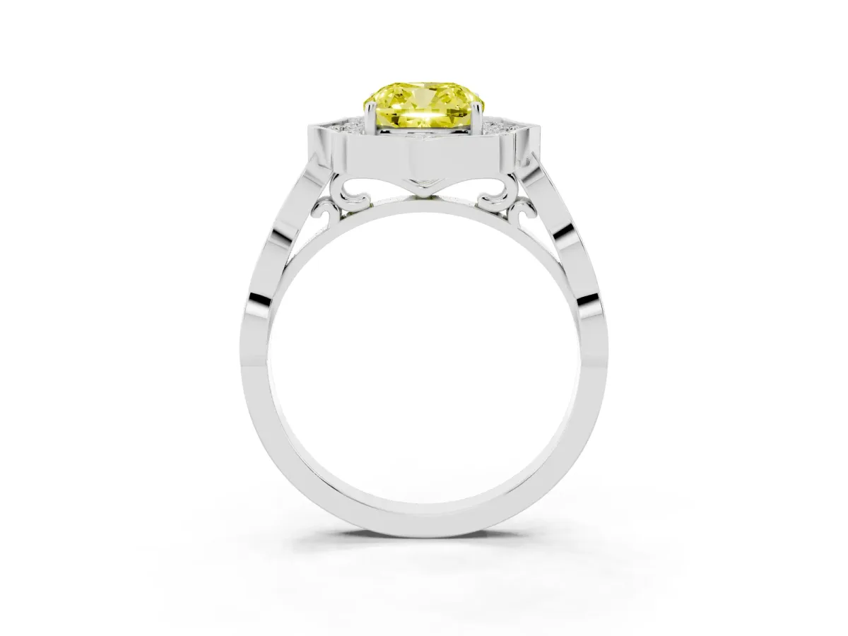 Fancy Yellow Cushion Cut Halo Diamond Engagement Ring with Milgrain Band and Four-Prong Setting Silver