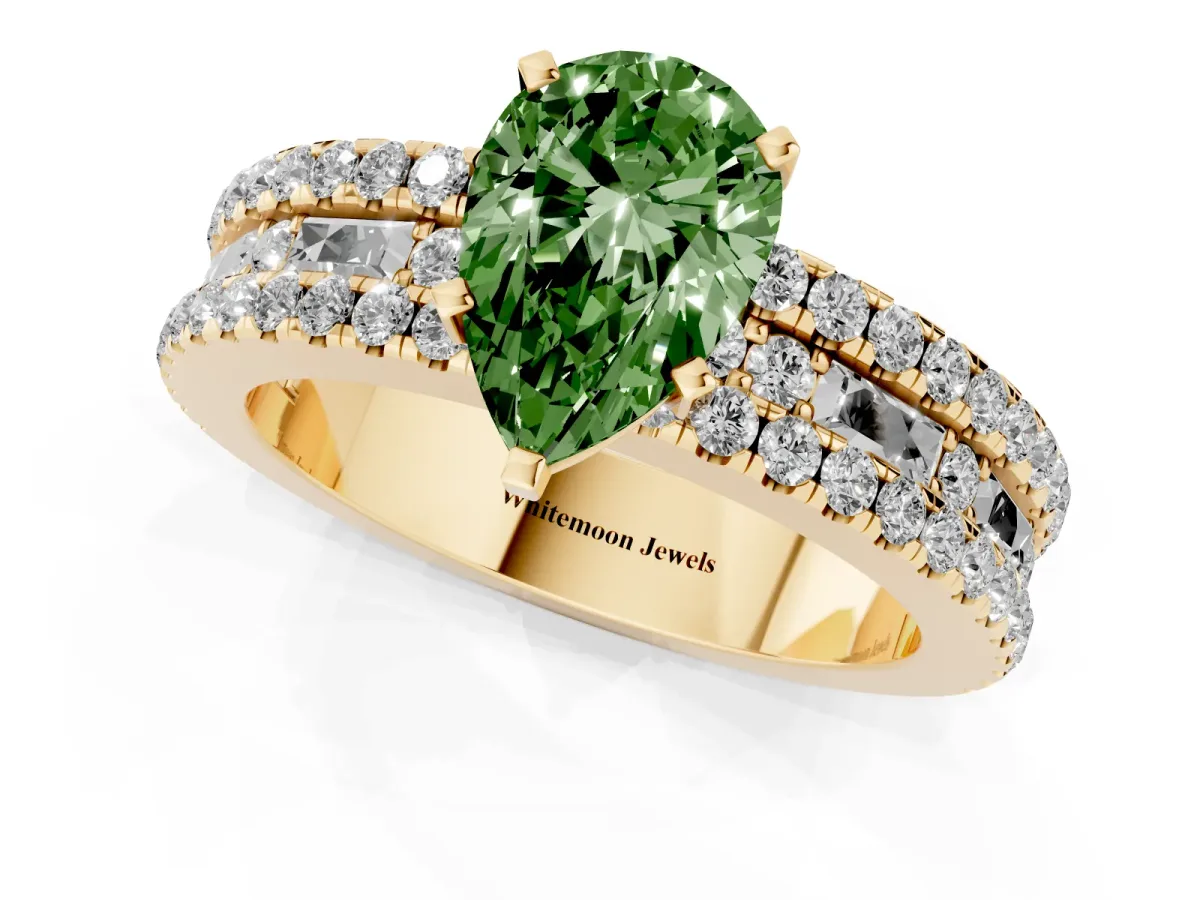Fancy Green Pear Cut Diamond Solitaire Ring with Pavé and Channel Set Band Yellow gold