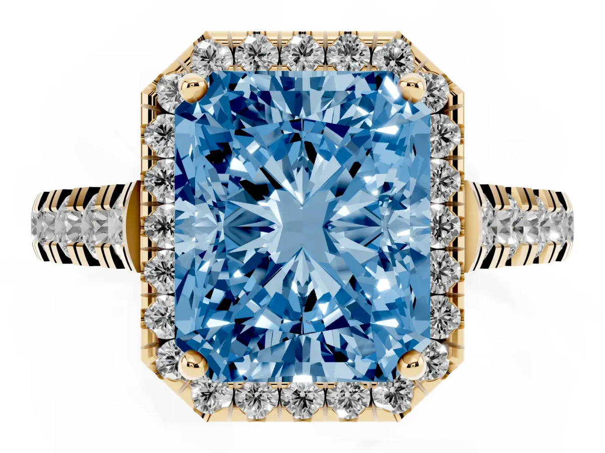 Fancy Blue Radiant Cut Halo Pavé Diamond Engagement Ring with Four-Prong Setting Yellow gold