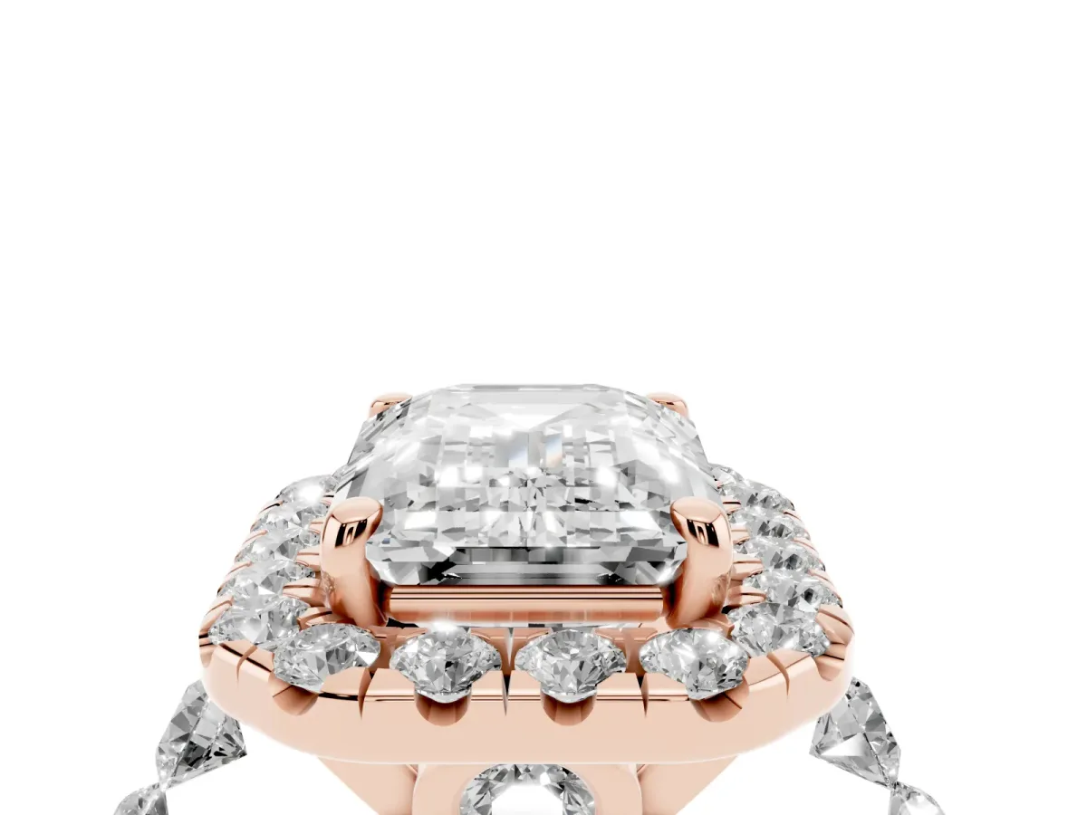 Emerald Cut Halo Pavé Diamond Engagement Ring with Four-Prong Setting Rose gold