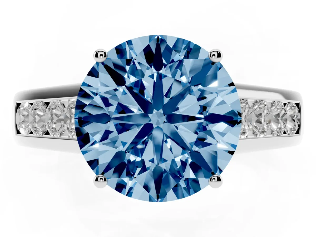 Fancy Blue Round Cut Solitaire Channel-Set Diamond Engagement Ring with Four-Prong Setting Silver