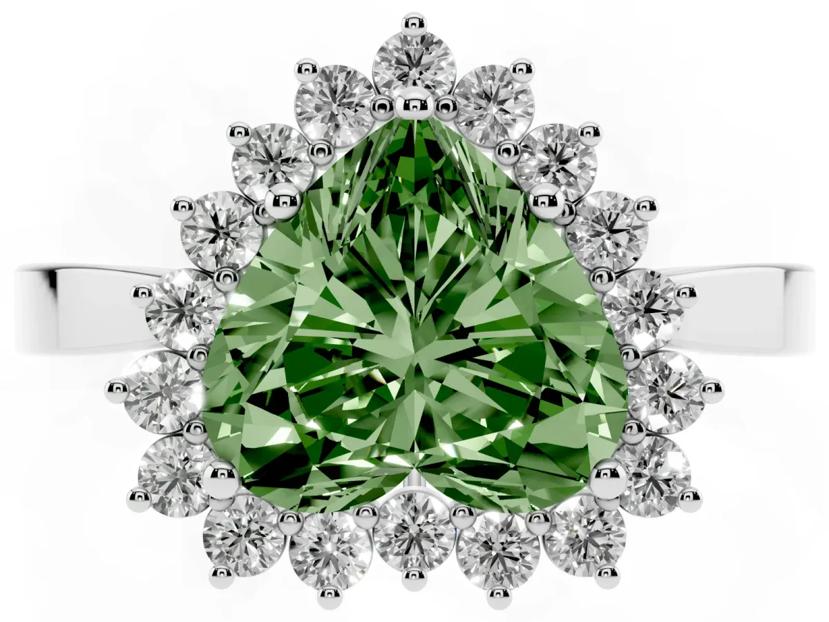 Fancy Green Heart Cut Cut Diamond Halo Ring with Round Brilliant Halo and Solitaire Band Silver