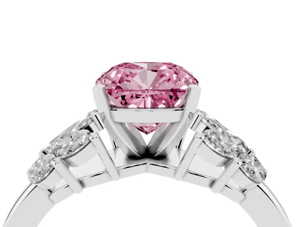 Fancy Pink Cushion Cut Diamond Cluster Leaf Design Ring with Prong Setting White gold