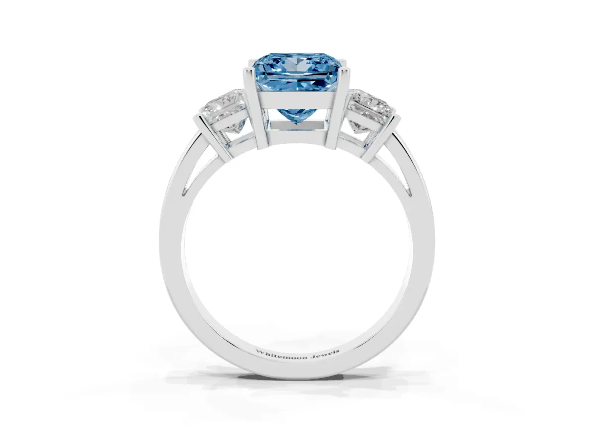 Fancy Blue Three-Stone Princess Cut Cut Solitaire Ring with Prong Setting White gold
