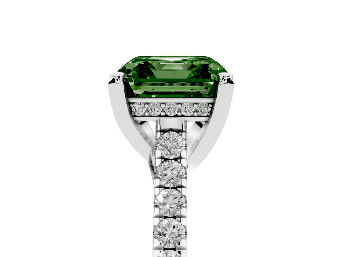 Fancy Green Asscher Cut Brilliant Diamond Solitaire with Pavé Band and Four-Prong Setting Silver