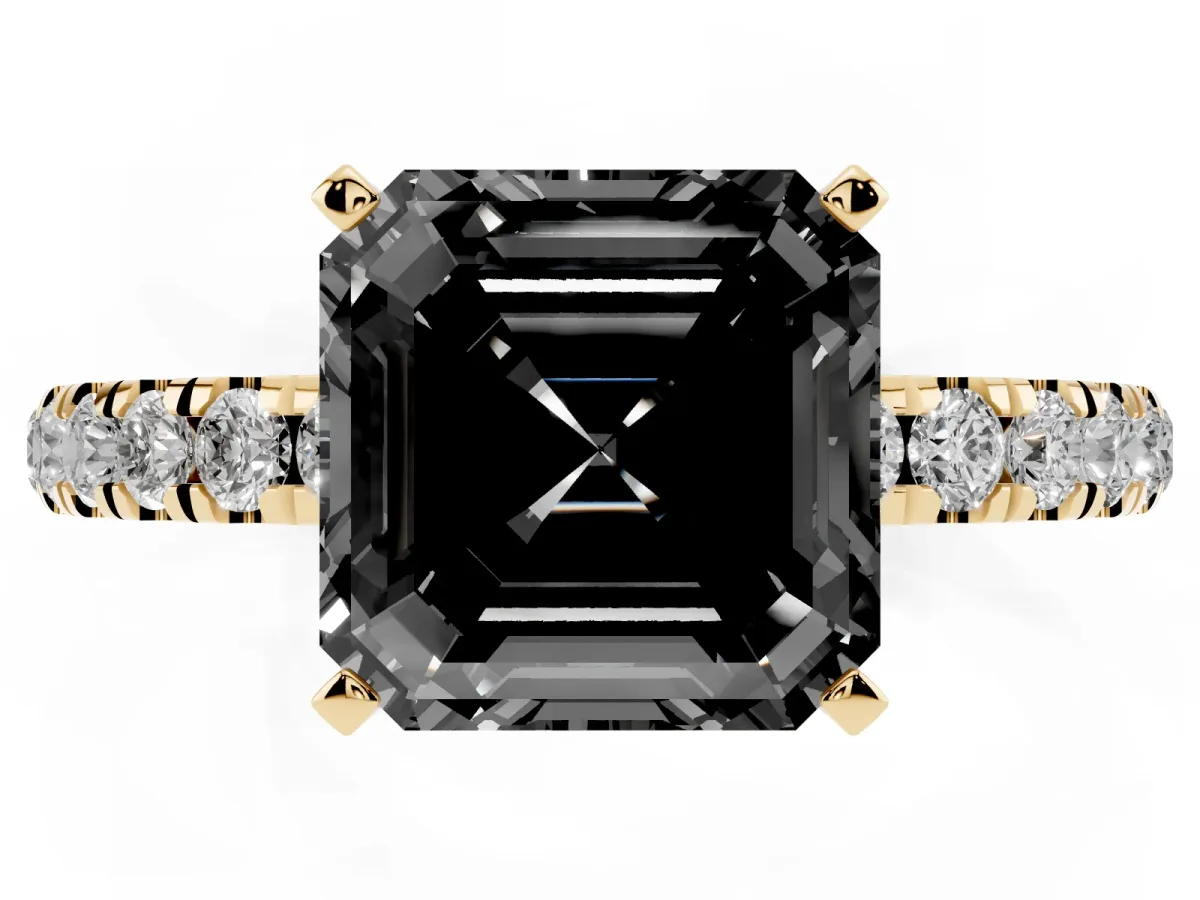 Fancy Black Asscher Cut Diamond Solitaire Ring with Pavé Accents and Four-Prong Setting Yellow gold