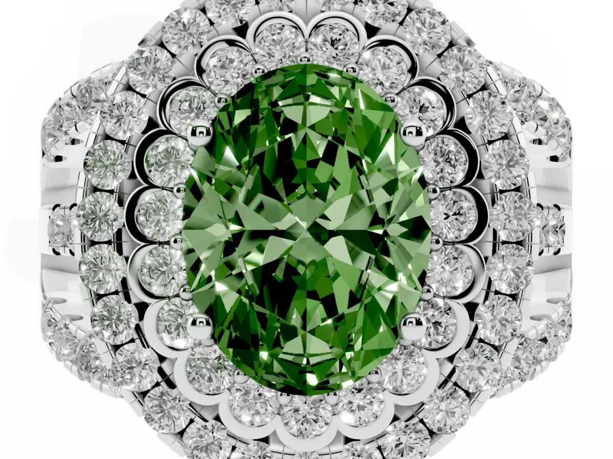 Fancy Green Oval Cut Diamond Double Halo Ring with Round Pavé Split Shank and Prong Setting Silver