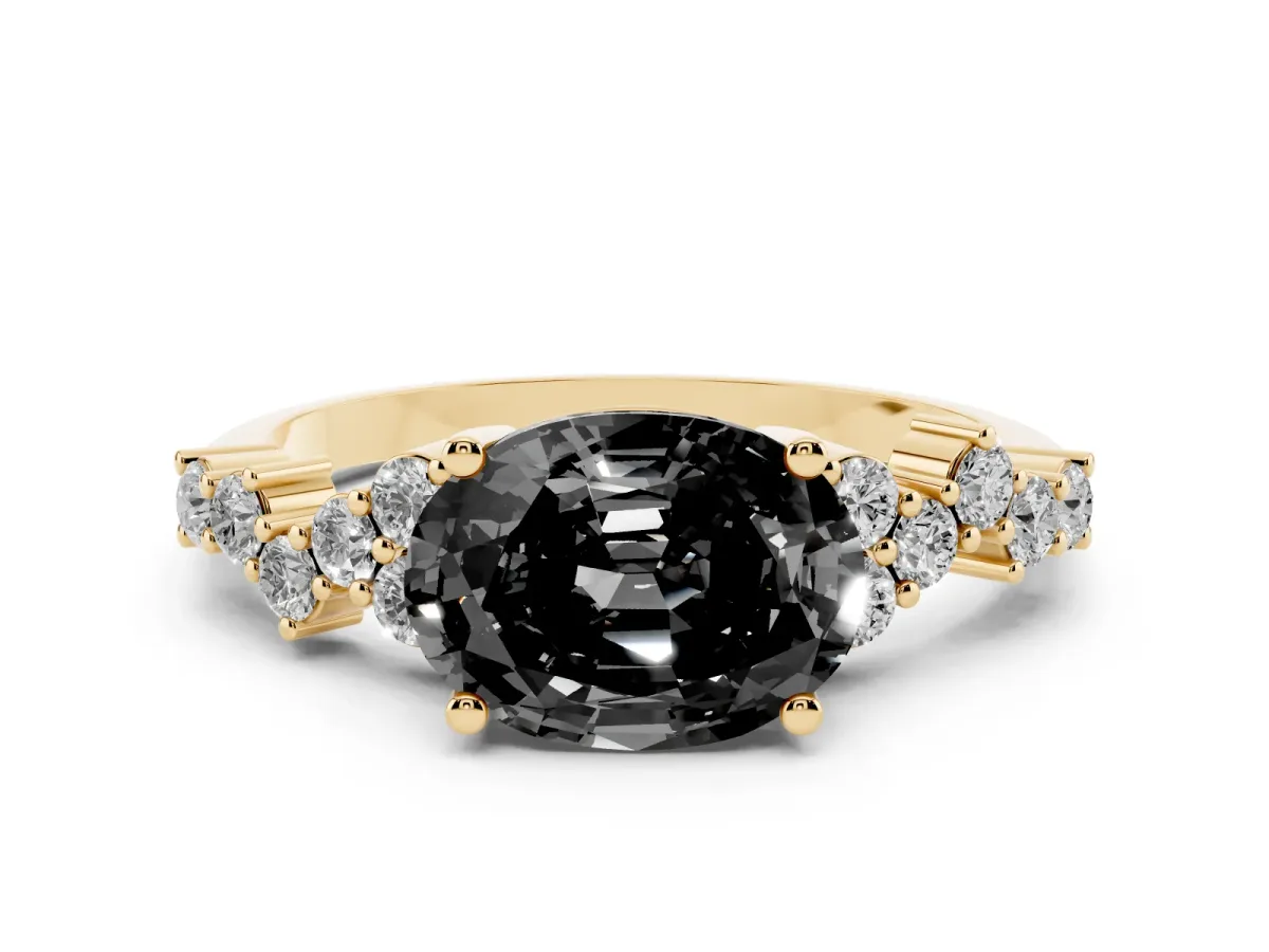 Fancy Black Oval Cut Diamond Scattered Round Accent Ring with Prong Setting Yellow gold