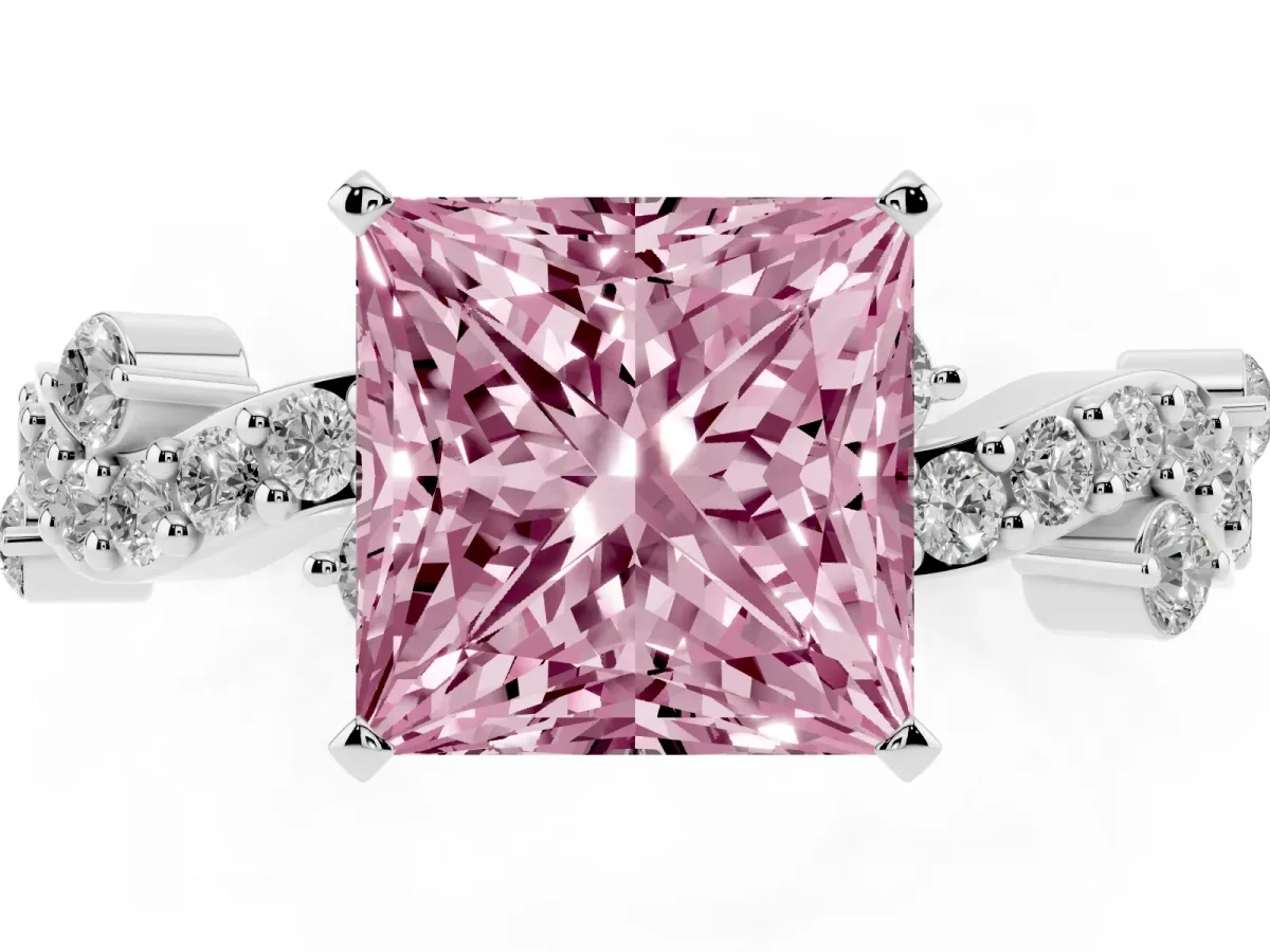 Fancy Pink Princess Cut Cut Solitaire Diamond Twisted Band with Pave Setting Silver