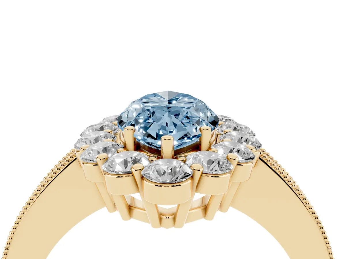Fancy Blue Marquise Cut Cut Halo Diamond Pavé Engagement Ring with Milgrain Detailing Yellow gold