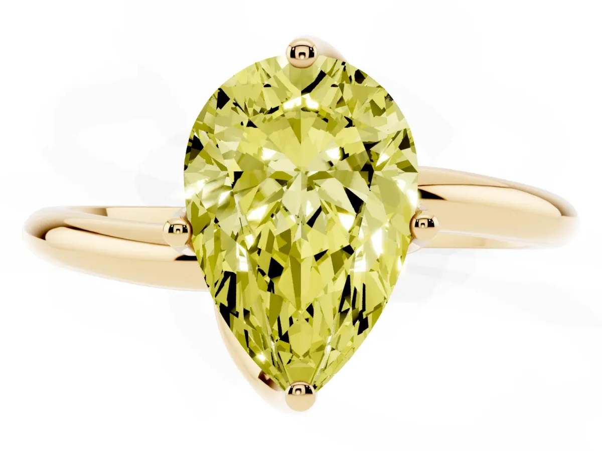 Fancy Yellow Pear Cut Diamond Solitaire Engagement Ring with Four-Prong Setting and Classic Band Yellow gold