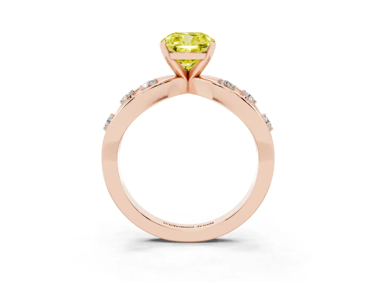 Fancy Yellow Cushion Cut Cut Solitaire Diamond with Side Stones on Criss-Cross Band and Four-Prong Setting Rose gold