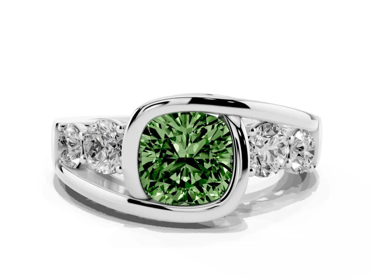 Fancy Green Bezel Set Cushion Cut Diamond Bypass Ring with Round Accents Platinum