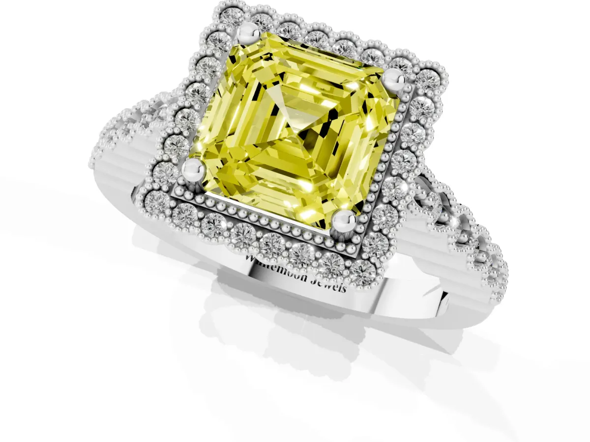 Fancy Yellow Asscher Cut Cut Halo Pavé Solitaire Ring with Milgrain Band Silver
