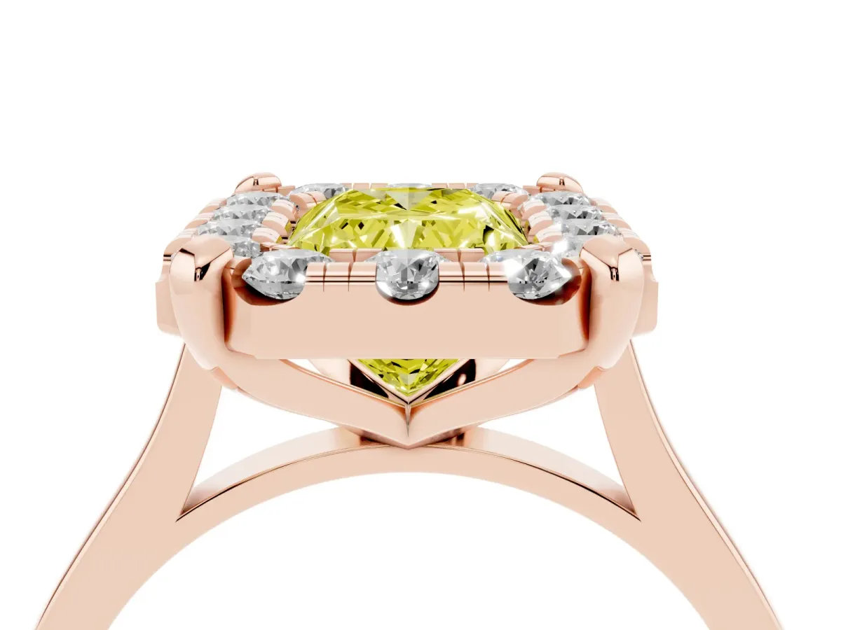 Fancy Yellow Radiant Cut Diamond Cluster Halo Solitaire with Four-Prong Setting Rose gold
