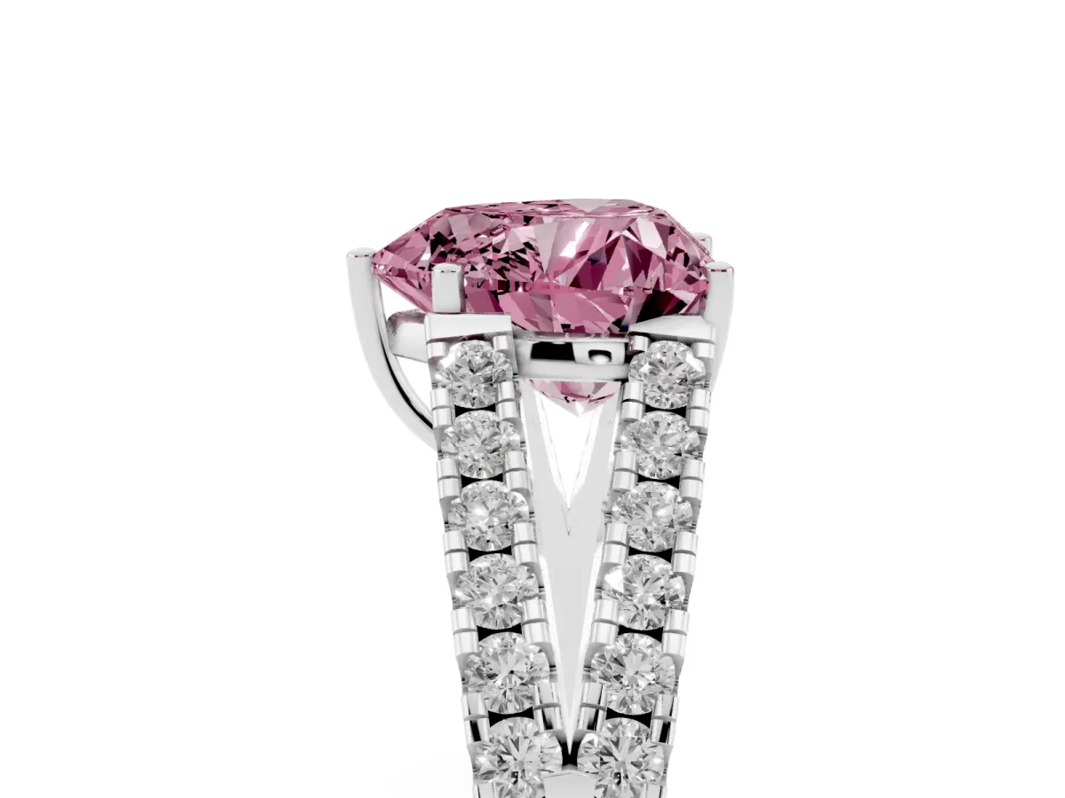 Fancy Pink Heart Cut Diamond Split Shank Pavé Engagement Ring with Four-Prong Setting Platinum
