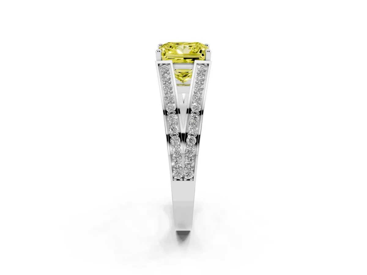 Fancy Yellow Princess Cut Diamond Split Shank Ring with Pavé Band and Four-Prong Setting White gold