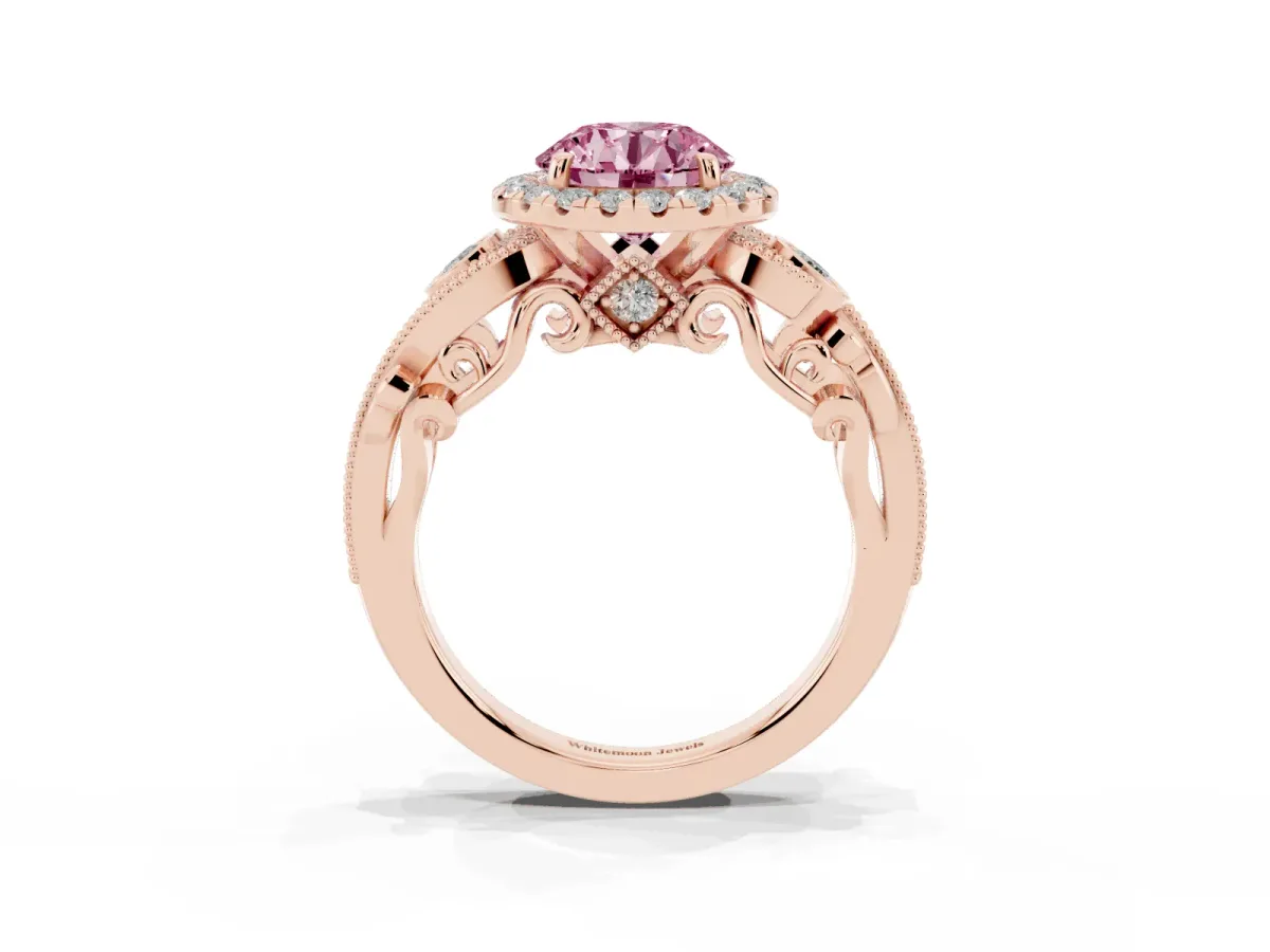 Fancy Pink Round Cut Diamond Halo Ring with Milgrain Pavé Band and Four-Prong Setting Rose gold