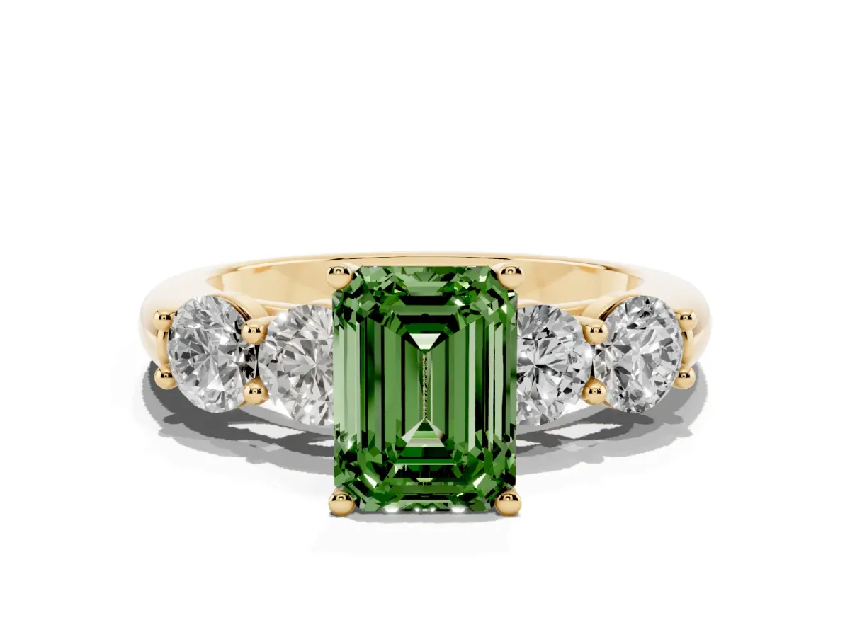 Fancy Green Emerald Cut Cut Five-Stone Prong Set Diamond Ring with Classic Band Yellow gold