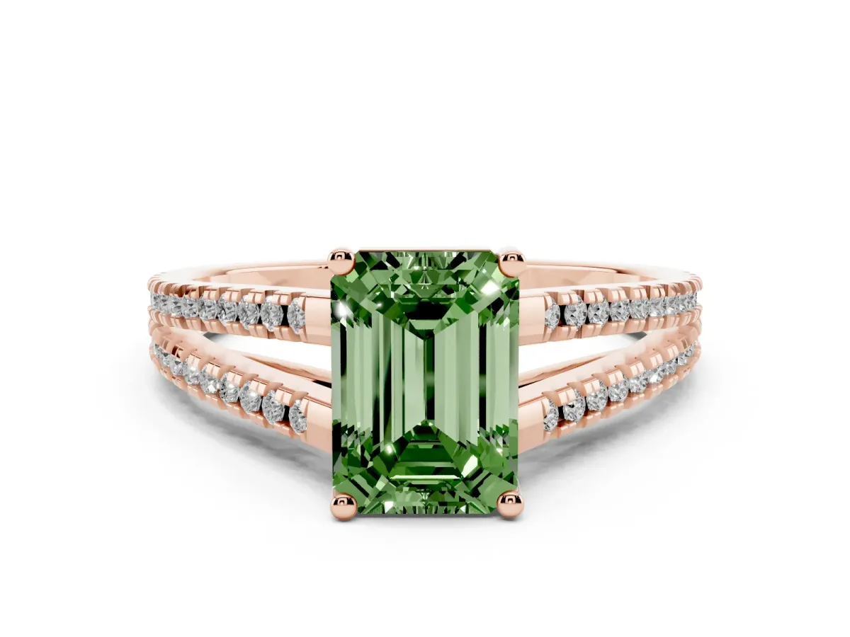 Fancy Green Emerald Cut Diamond Solitaire Engagement Ring with Split Shank Pavé Band Rose gold