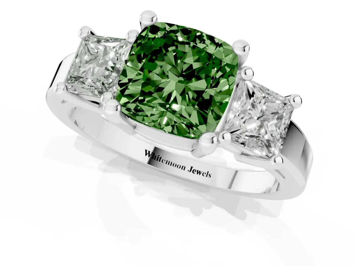 Fancy Green Three-Stone Cushion Cut Cut Solitaire Ring with Prong Setting Silver